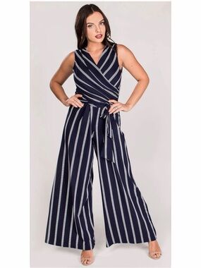 Last Tango Navy & White Striped Wrap Wide Leg Jumpsuit Like New